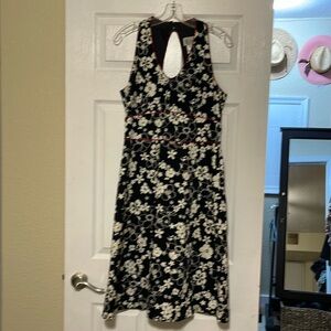 Black and White Floral A-line Dress with Red Piping Accent Trim.
